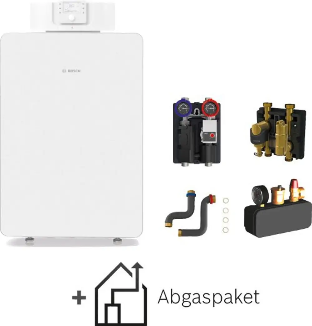 Weißes Bosch-Gerät mit Bedienelement, umgeben von Zubehörteilen wie Druckmessgeräten, Rohrleitungen und anderen Komponenten für die Heizungsinstallation.